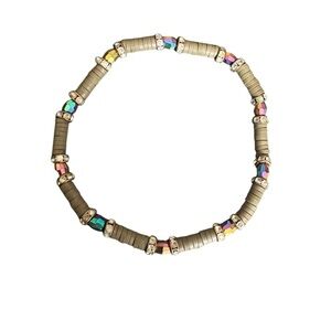 Stretch Heishi Bead Bracelet‎ – Taupe/Olive-Grey Beads with Iridescent Rainbow